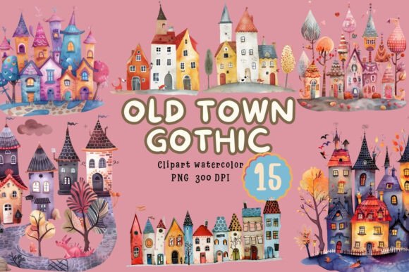 Download Old Town Gothic Watercolor Clipart PNG - Watercolor Collection