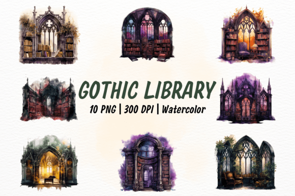 Download Gothic Library Watercolor Clipart - Watercolor Collection