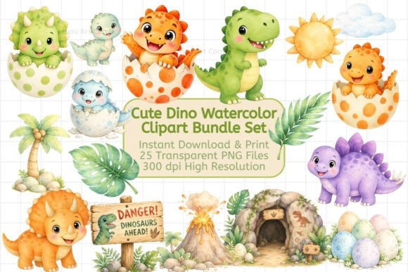 Download Cute Dino Watercolor Clipart Bundle Set - Watercolor Collection